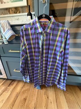 Robert Graham Purple and Green Plaid Button-Down Shirt